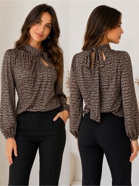 KLD Sheer Tie-Back Blouse Size L | Elegant Neck Bow Back Detail Office Chic Top